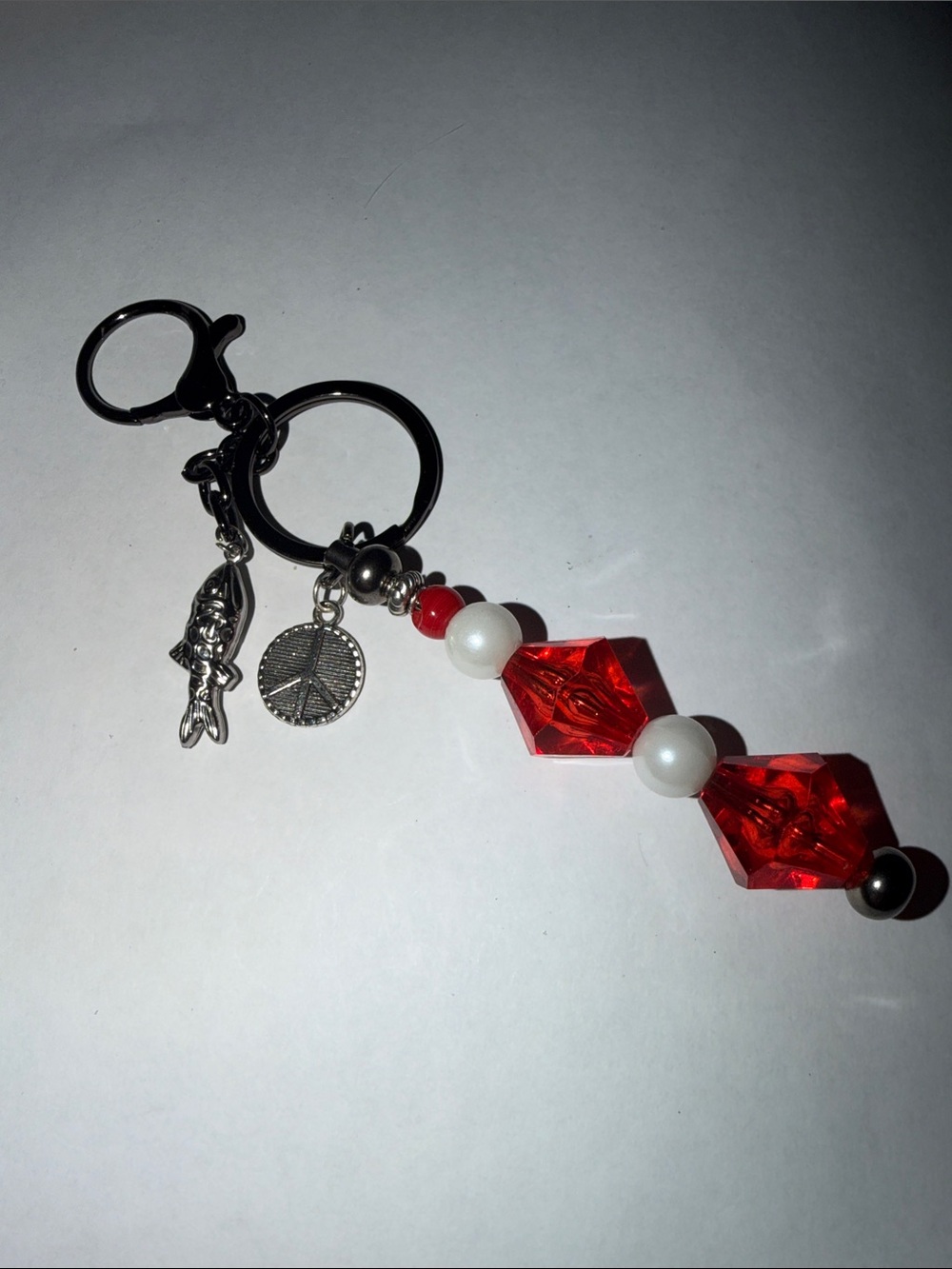 Red Beaded Keychain with Peace & Fish Charms by Sassy Charmer